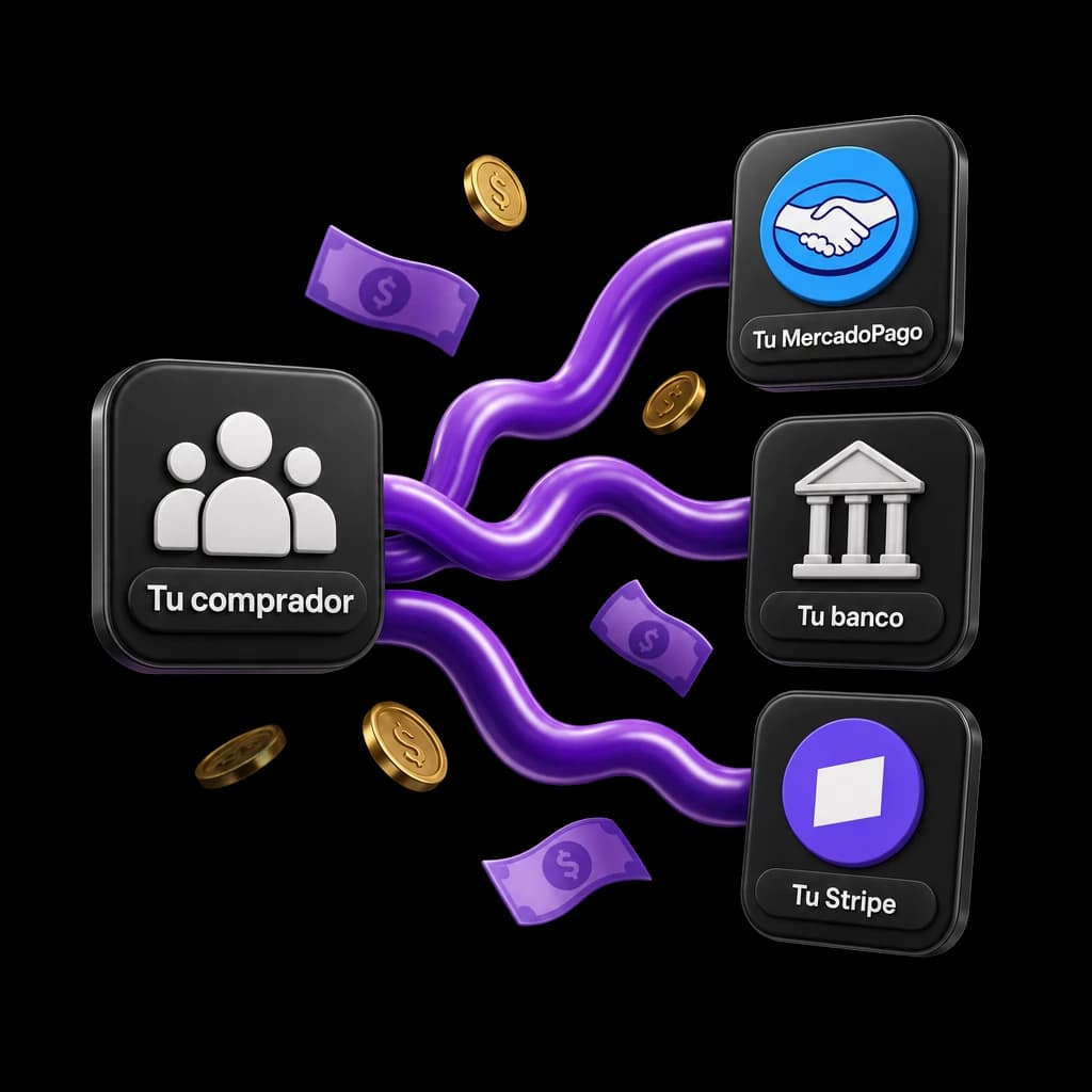 La plata de cada venta va directo del comprador a tu MercadoPago, tu banco o tu Stripe