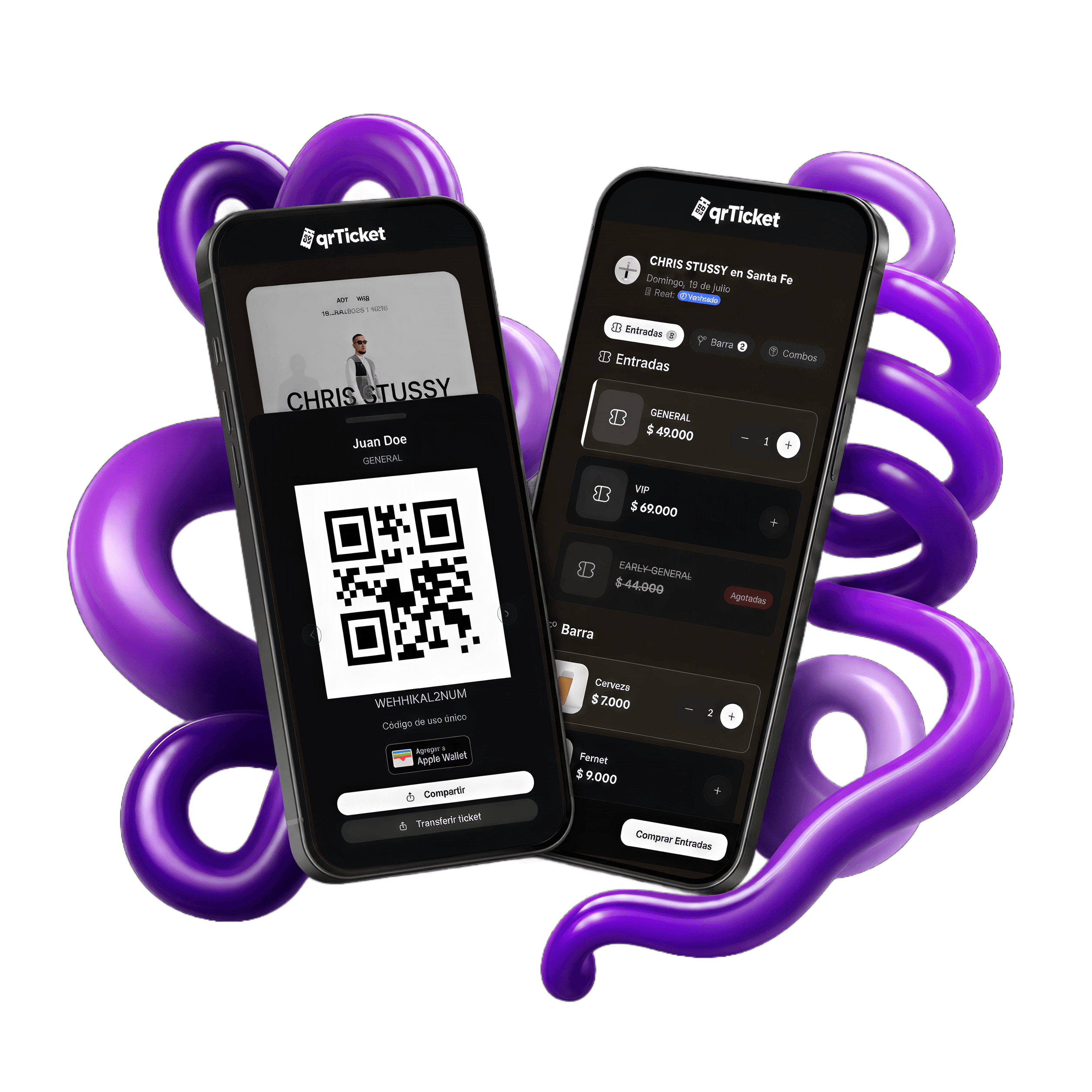 Entrada QR con código único y menú de compra de entradas y barra en la app de qrTicket